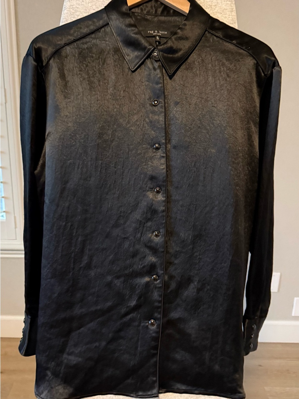 Rag & Bone Elias Satin Blouse Women’s XL Black Snap Front Western Shirt Acetate